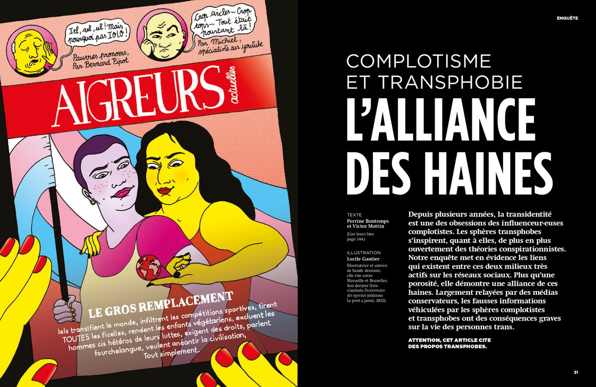 [COMPLOTISME et TRANSPHOBIE]

Le 13ème numéro de <a href="/deferlanterevue/">La Déferlante</a> sort aujourd'hui en librairie. Avec <a href="/perrinebontemps/">Perrine Bontemps</a>, nous y co-signons une longue enquête portant, en partie, sur l'obsession grandissante de la complosphère pour la thématique de la transidentité.

Un thread ⤵️