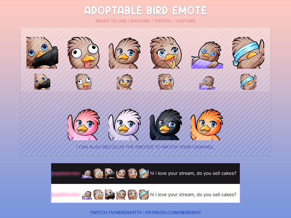 Ein Kunde ist vom Auftrag abgesprungen und ich suche ein neues zu Hause für diese Vogel #Twitch Emotes, damit sie noch jemandem von Nutzen sein können 😊

- 6 Emotes inkl. animiertem Bongo für 120 €
- Umfärben möglich
- Ready to Use für alle Plattformen

Teilen wäre schön ♥️
