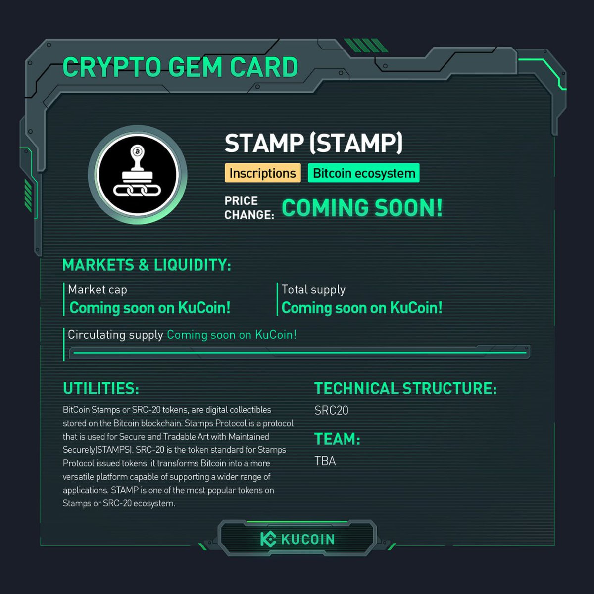 kucoincom's tweet image. $STAMP trading is now live on #KuCoin!

🚀STAMP/USDT: trade.kucoin.com/STAMP-USDT?utm…

Find out more about STAMP in #KuCoinCryptoGem card.

#Inscriptions #BitcoinEcosystem