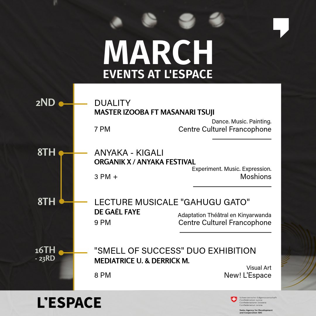 Mugire amahoro! Happy #March2024 🎉 The spirit of creation and procreation is still in play! With #Dance , #music , #painting , #theater , and #expression , this month is giving #discovery and #inspirational . You are invited to join us! Karibu, L’Espace