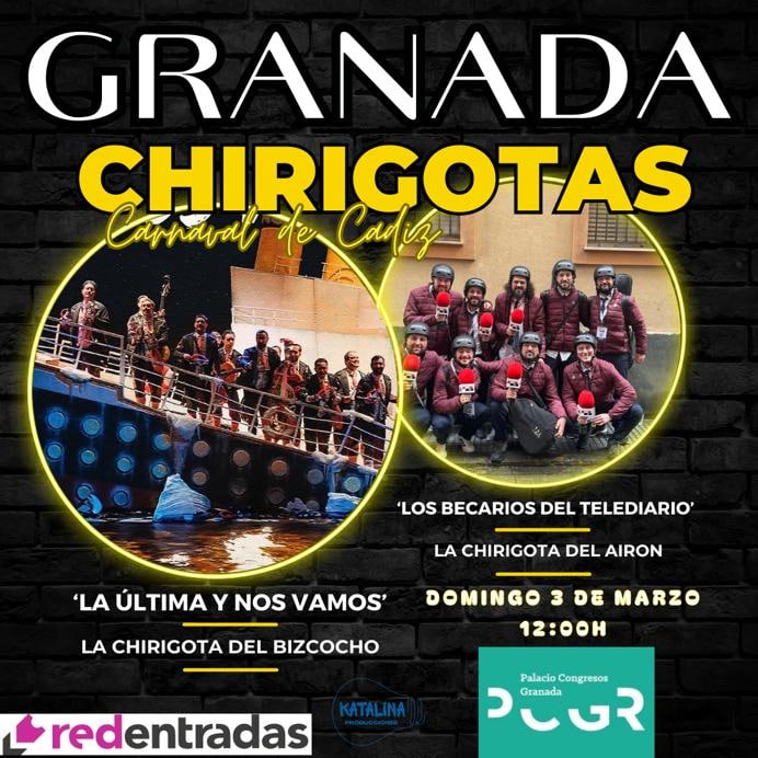 ChirigotaBizc8's tweet photo. #LaÚltimaYNosVamos en GRANADA
🗓️ 3 de Marzo
📍 Palacio de Congresos  
⌚ 12:00h

Consigue tu entrada en 👇🏼
https://t.co/uQVzGtmYqw

¡Os esperamos! 🚢🎻

#LaÚltimaYNosVamos #LaChirigotaDelBizcocho
#LosBecariosDelTelediario #LaChirigotaDelAiron https://t.co/sgH6brvyDP