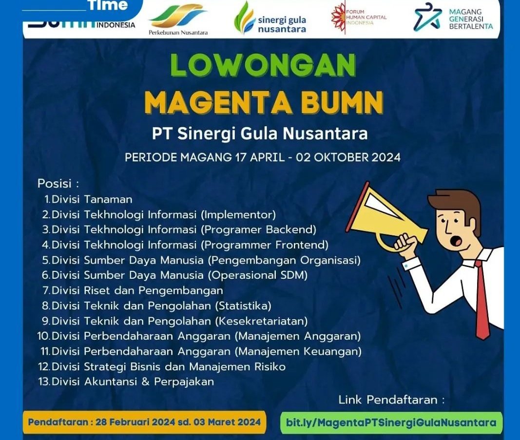 Magenta BUMN hadir buat kamu yang semester akhir. langsung aja cek di webnya. atau bisa juga cari info di ig masing-masing perusahaan yang akan di tuju. Goodluck