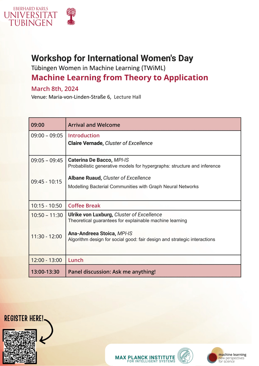 Michela Petriconi 🦋 (@michela_petri) on Twitter photo The complete program for the workshop "Machine Learning from Theory to Application" is here!
Come join us on March 8th ✨
<a href="/MPI_IS/">Intelligent Systems</a> <a href="/ml4science/">ML4Science</a> <a href="/uni_tue/">Universität Tübingen</a> <a href="/vernadec/">Claire Vernade @claireve.bsky.app</a> <a href="/UlrikeLuxburg/">Ulrike Luxburg</a> @AlbaneRuaud The complete program for the workshop "Machine Learning from Theory to Application" is here!
Come join us on March 8th ✨
<a href="/MPI_IS/">Intelligent Systems</a> <a href="/ml4science/">ML4Science</a> <a href="/uni_tue/">Universität Tübingen</a> <a href="/vernadec/">Claire Vernade @claireve.bsky.app</a> <a href="/UlrikeLuxburg/">Ulrike Luxburg</a> @AlbaneRuaud