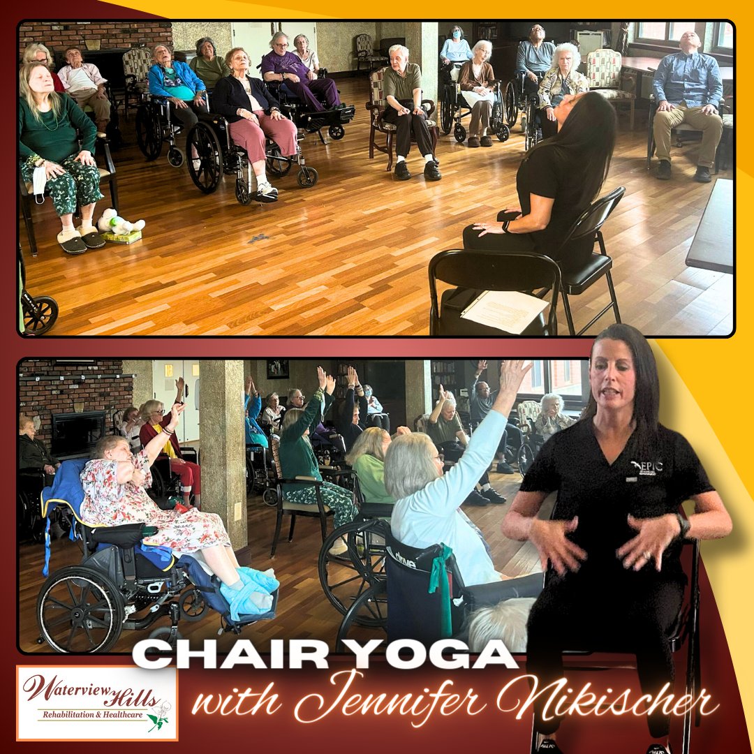 Certified Yoga Teacher Jennifer Nikischer led a soothing chair yoga session at Waterview Hills, focusing on accessible poses, breath awareness, stress reduction, and gentle movements. Looking forward to more mindful moments! #ChairYoga #AccessibleYoga