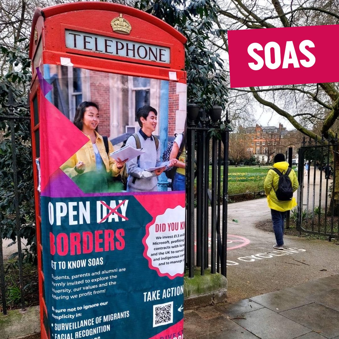 ❌ @SOAS has a whopping £4.7 million invested in companies that track, imprison, deport and violently dehumanise migrating peoples.

✊ And students are taking action to call them out!

👉 Get involved in #DivestBorders at SOAS! linktr.ee/divestborderss…
👉 Sign the petition!…