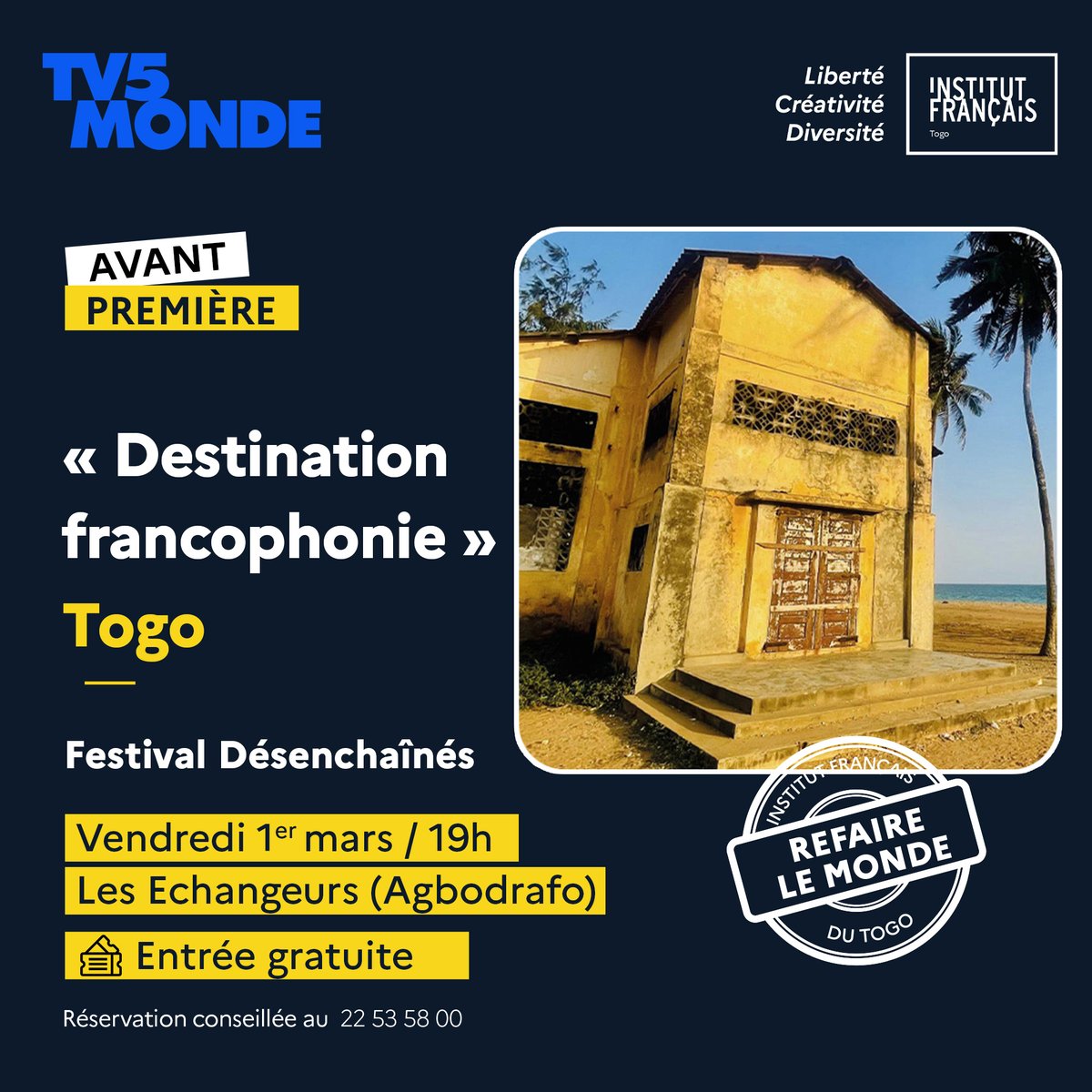 Ce soir à #Lomé, avant-première de l'émission "Destination francophonie" au #Togo en partenariat avec <a href="/IFTogo/">Institut Français Togo</a>. Retrouver l'émission sur <a href="/TV5MONDE/">TV5MONDE</a> à partir du 9 mars !