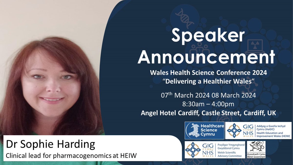 📢SPEAKER ANNOUNCEMENT!📢 Excited that Dr Sophie Harding, Clinical lead for pharmacogenomics HEIW, will be presenting at the Wales Health Science Conference 2024 'Delivering a Healthier Wales' 📅 Thursday 7th March–Friday 8th March ⌚ 8:30-16:00 📍 The Angel Hotel Cardiff