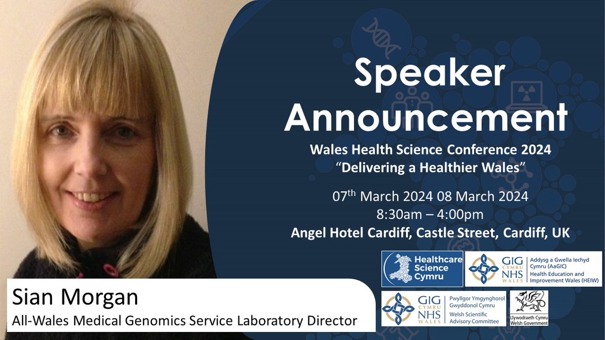 📢SPEAKER ANNOUNCEMENT!📢 Excited that Sian Morgan, AWMGS Laboratory Director, will be presenting at the Wales Health Science Conference 2024 'Delivering a Healthier Wales' 📅 Thursday 7th March–Friday 8th March ⌚ 8:30-16:00 📍 The Angel Hotel Cardiff