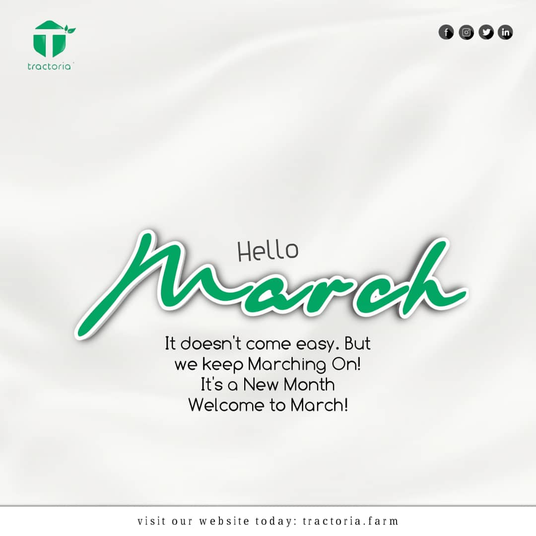 This Month! March into Greatness! Happy New Month Tractorians.

At Tractoria, we are committed to contributing significantly to a sustainable agro economy in Nigeria and beyond.

Join Us as we March on!
#NewMonth #farmersinnigeria #agriculture #agrotech #agroecommerce agripreneur