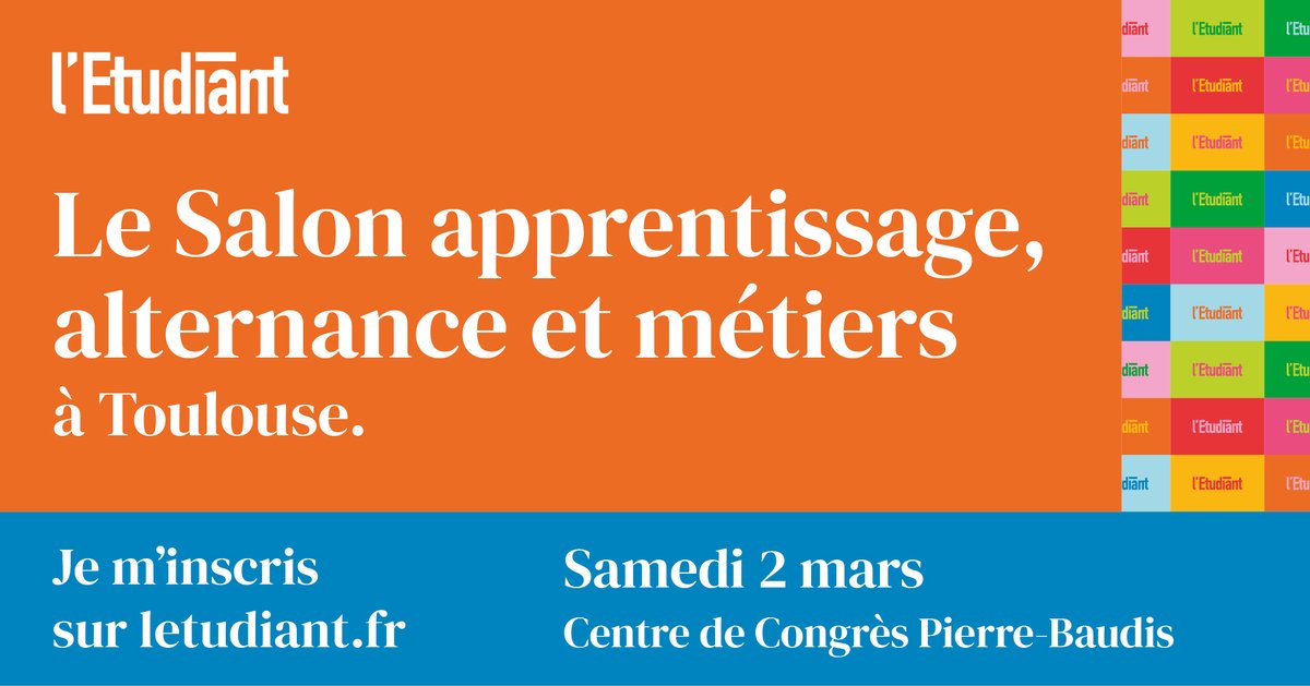 UT3 Paul Sabatier (@ut3paulsabatier) on Twitter photo 🗓️ Samedi 2 mars de 9h30 à 17h
📍 Centre de congrès Pierre Baudis, Toulouse
Rencontrez-nous au Salon #apprentissage, #alternance et #métiers de l'Étudiant
 
Vous envisagez de poursuivre vos études en alternance ? Inscrivez-vous : …t-metiers-toulouse.salon.letudiant.fr 🗓️ Samedi 2 mars de 9h30 à 17h
📍 Centre de congrès Pierre Baudis, Toulouse
Rencontrez-nous au Salon #apprentissage, #alternance et #métiers de l'Étudiant
 
Vous envisagez de poursuivre vos études en alternance ? Inscrivez-vous : …t-metiers-toulouse.salon.letudiant.fr