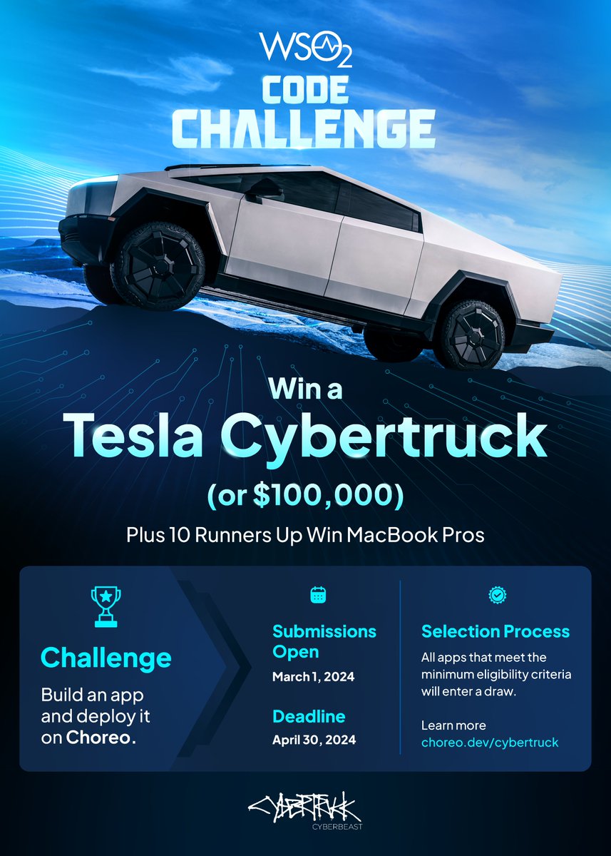 🎉 #WSO2CodeChallenge submissions are now open! Sign up to <a href="/ChoreoDev/">Choreo</a>, deploy your app, and submit right from the console. Learn more about the submission process here -&gt; choreo.dev/cybertruck#sub…