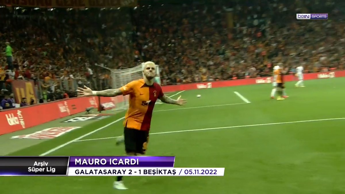 A still from a beIN SPORTS broadcast showing Galatasaray player Mauro Icardi celebrating a goal with arms outstretched, with a lower third graphic reading 'Arşiv Süper Lig', 'MAURO ICARDI', and 'GALATASARAY 2 - 1 BEŞİKTAŞ / 05.11.2022'.