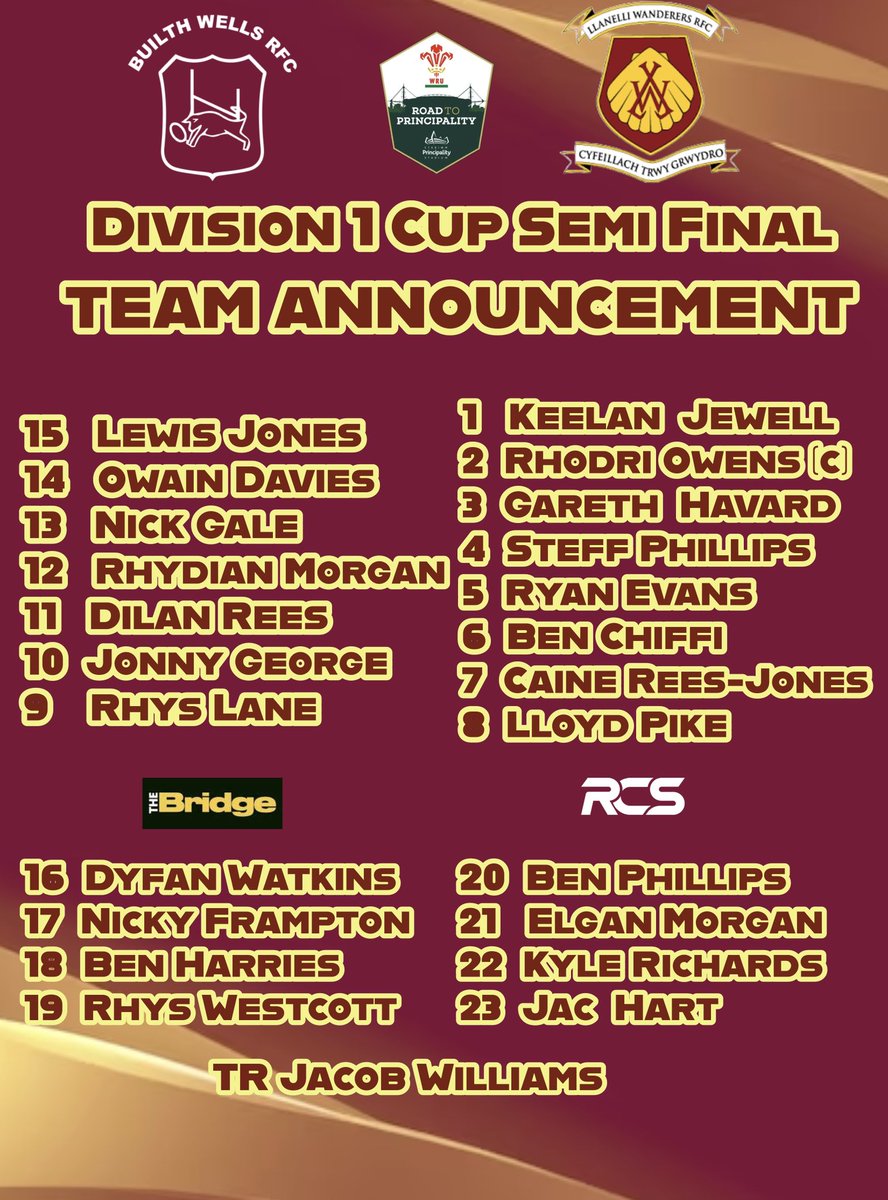 Here’s Wands team for tomorrow’s Division 1 Cup Semi Final v Builth Wells at Blackwood RFC! #uppawands