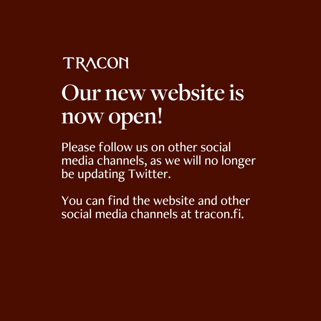 Our new website is now live at tracon.fi!

Please follow us on other social media channels, as we will no longer be updating Twitter.
Find us via Facebook, Instagram, Tiktok etc. See you there!

#Tracon #TraconFi