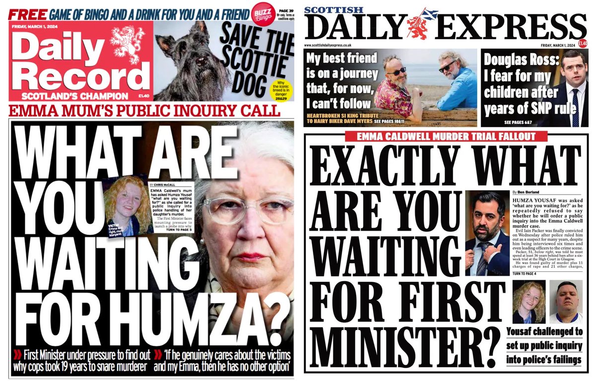 msm_monitor's tweet image. Exploiting the murder of Emma Caldwell in order to attack Humza Yousaf is as low as it gets. These are the first two newspaper front pages on the BBC Scotland newspaper review page.