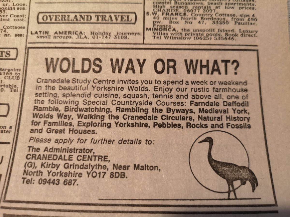 GeogWizard's tweet photo. Clearing out boxes from my mum and dad's and found a stash of old Guardian cryptic crosswords with a very old @CranedaleCentre advert on the back. Must be pre 1990 looking at the London area code on the advert below. When there was still a squash court!! https://t.co/6mjh3fDoYC