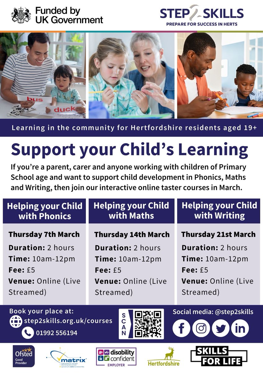 Join Step2Skillsfor engaging sessions designed to support your child's development: 🔹 Thursday 7th March - Phonics 🔹 Thursday 14th March - Maths 🔹 Thursday 21st March - Writing Plenty of spaces available: bit.ly/3T1Nws6 #Step2Skills