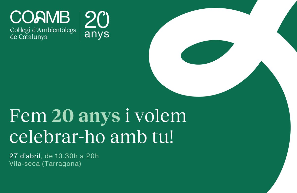 🎉 Vine a celebrar dues dècades de defensa i conservació del medi ambient i les grans fites professionals que hem aconseguit com a ambientòlegs i ambientòlogues. 👉🏻 Per a més detalls i inscripcions: coamb.cat/wp-content/upl… 📆 27 d’abril (10.30h a 20h) 📍 Vila-seca, Tarragona