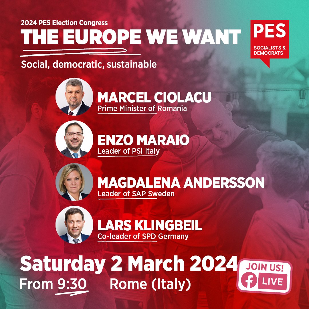 Tomorrow from 9:30 don’t miss the live debates at the PES Election Congress in Rome.
Progressives from all over Europe will gather behind <a href="/NicolasSchmitEU/">Nicolas SCHMIT</a>, our common candidate to the European elections of this June.
After many discussions with the civil society, this will also