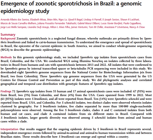 New research article Emergence of zoonotic sporotrichosis in Brazil: a genomic epidemiology study thelancet.com/journals/lanmi…