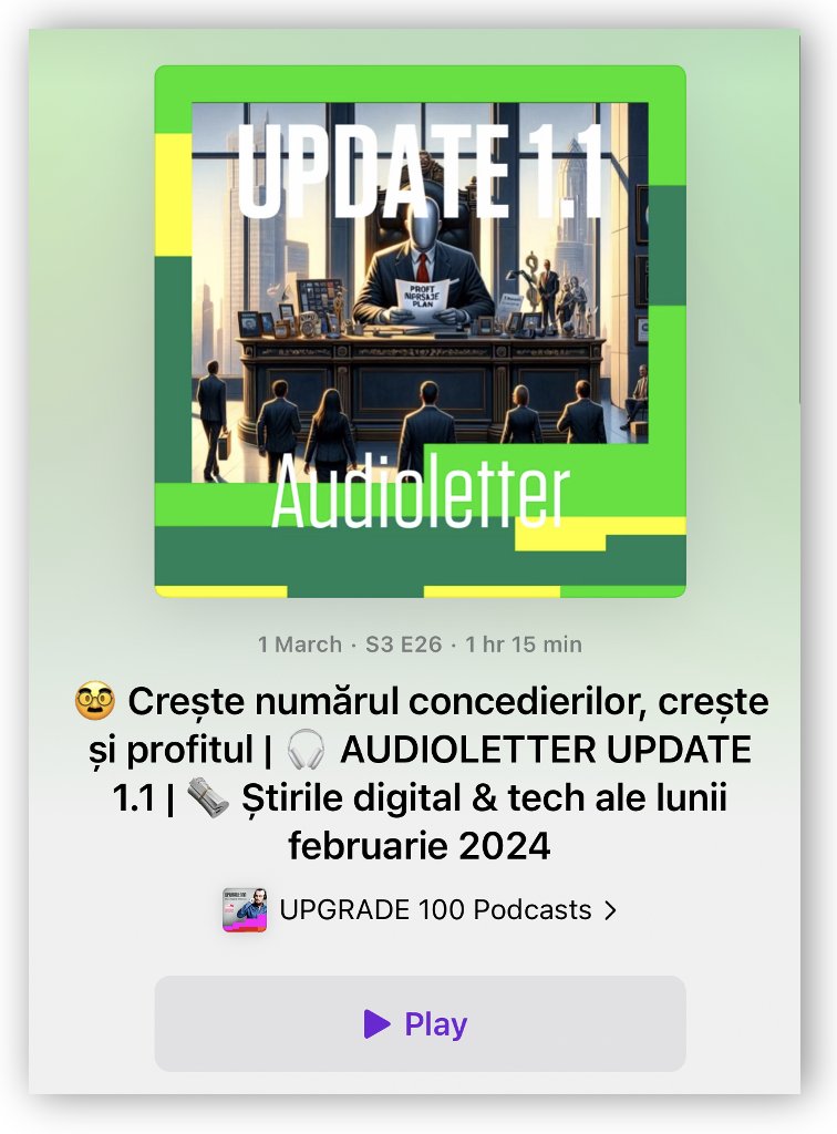 dStanca's tweet photo. 🎙️UPDATE 1.1. - Sinteza știrilor tech #Upgrade100 pentru luna 02.2024 e pe toate platformele audio și/sau în inbox (după caz).
🔗 Linkuri abonare #Text: https://t.co/KI7SRYb8fn #Audio: https://t.co/kgZl0SsTTs
🙌 Bun-venit #Samsung și #Vodafone ca parteneri. https://t.co/m0saQ7dppf