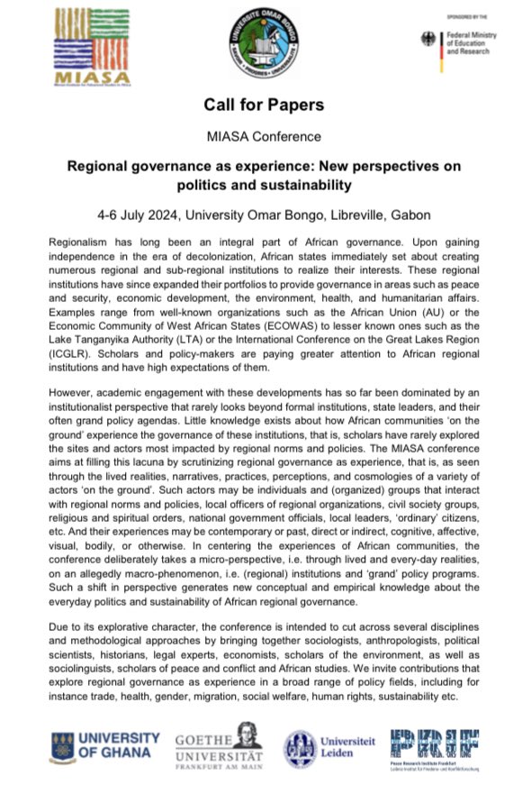 How does African regional governance play out in and affect everyday life? 💥 Apply for our <a href="/MIASA_UG/">Merian Institute for Advanced Studies in Africa</a> conference on „Regional governance as experience”, held 4-6 July in #Libreville 
ug.edu.gh/mias-africa/co…