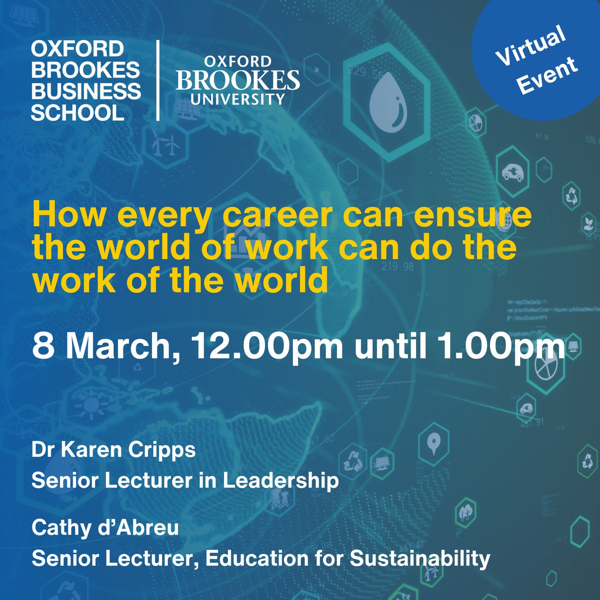 Join us on 8 March for another public virtual lecture. We will explore how every job and every role can and should contribute to the sustainability agenda and engage the mindset needed to ensure a career that matters to people and planet. Register at tinyurl.com/44hck4w9