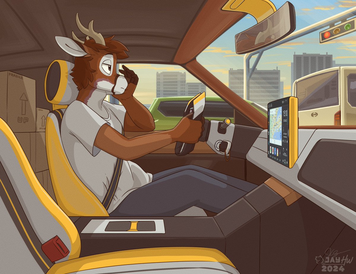 'Has traffic really stressed you out this far?'

Seb's being stressed with traffic jams that makes his delivery job takes long in this hot afternoon
A commission for Viero from Discord. Featuring my microcar design, the Llevado Travix.

Drawing by me, 2024