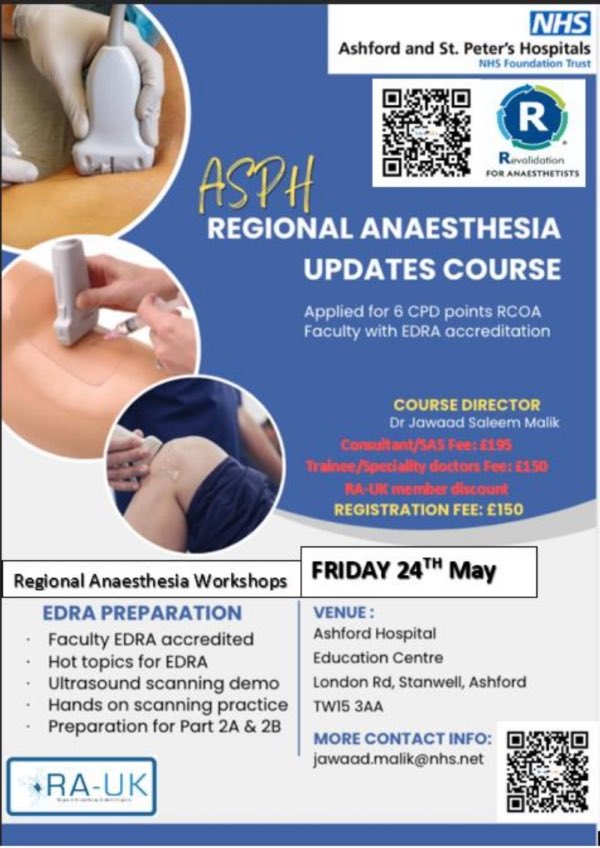 𝗥𝗔-𝗨𝗞 𝗔𝗽𝗽𝗿𝗼𝘃𝗲𝗱 𝗖𝗼𝘂𝗿𝘀𝗲

Ashford &amp; St Peter’s Update Course

🗓️Friday 24th May 2024
📍Ashford Hospital, TW15 3AA
🤩EDRA preparation, hands-on practice

𝟮𝟱% 𝗗𝗶𝘀𝗰𝗼𝘂𝗻𝘁 𝗳𝗼𝗿 𝗥𝗔-𝗨𝗞 𝗠𝗲𝗺𝗯𝗲𝗿𝘀!