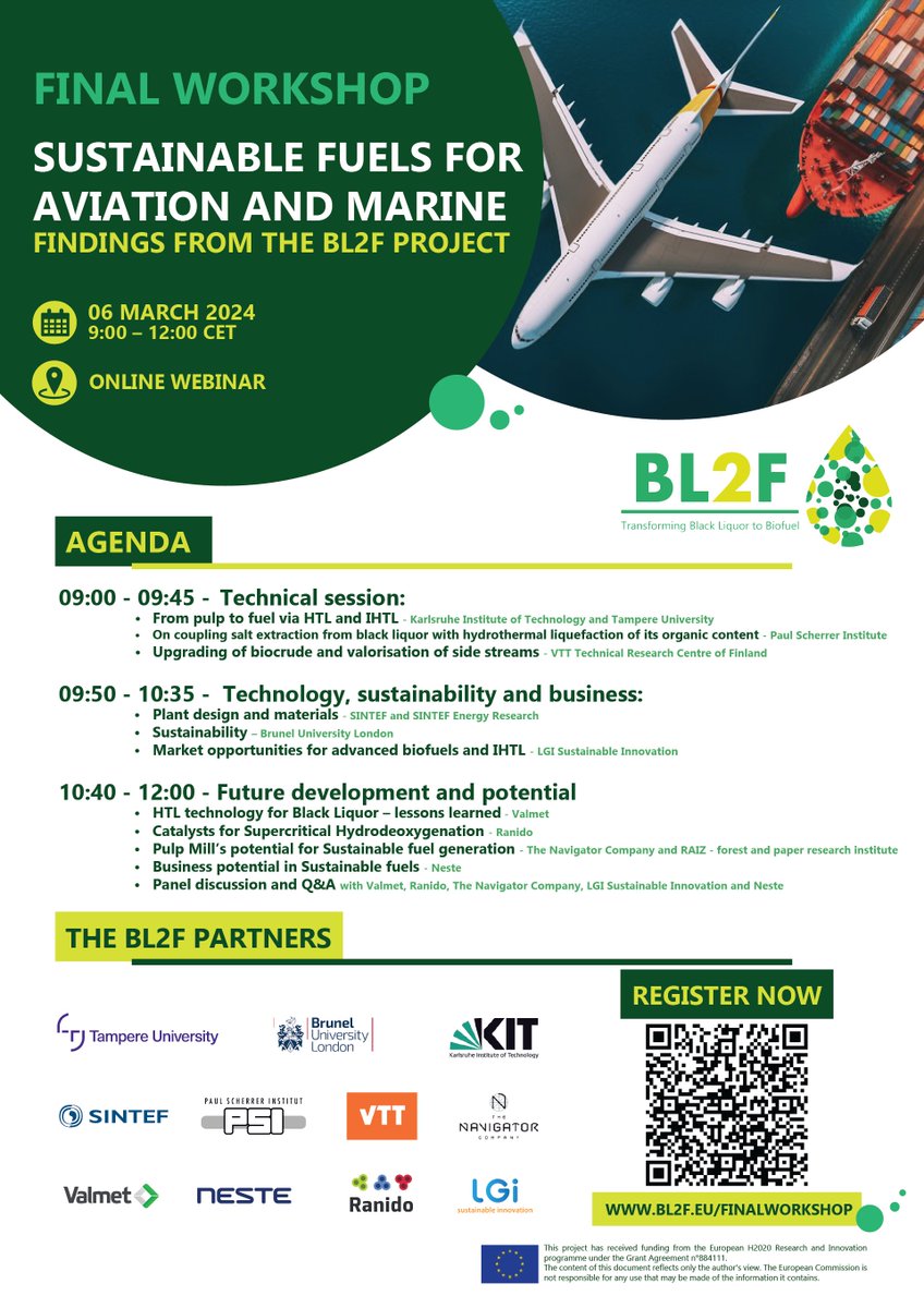 BL2F_EU's tweet photo. 🚨FINAL REMINDER: Register before the 4th of March!
Discover the BL2F Project's Final Workshop agenda and join us next Wednesday, from 9:00 to 12:00 CET.

Register here👉https://t.co/ip6GIy0RI1

Learn more👉 https://t.co/uJ0BP5lsCr

#RenewableFuels #Sustainability #BL2FWorkshop https://t.co/MQzWEjfI1J