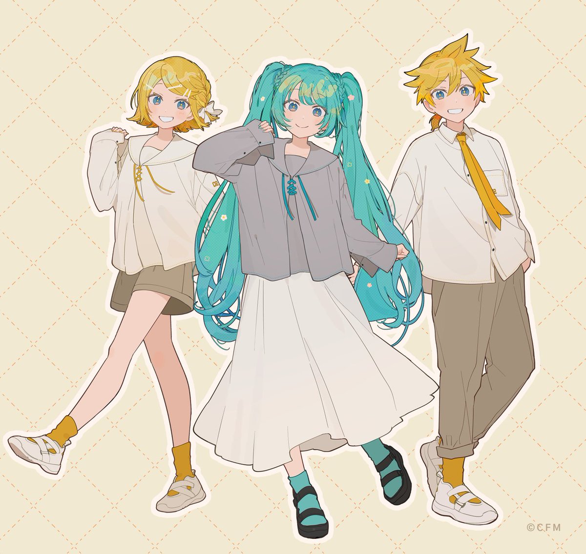 hatsune miku ,kagamine len ,kagamine rin 2girls multiple girls 1boy twintails smile blonde hair long hair  illustration images