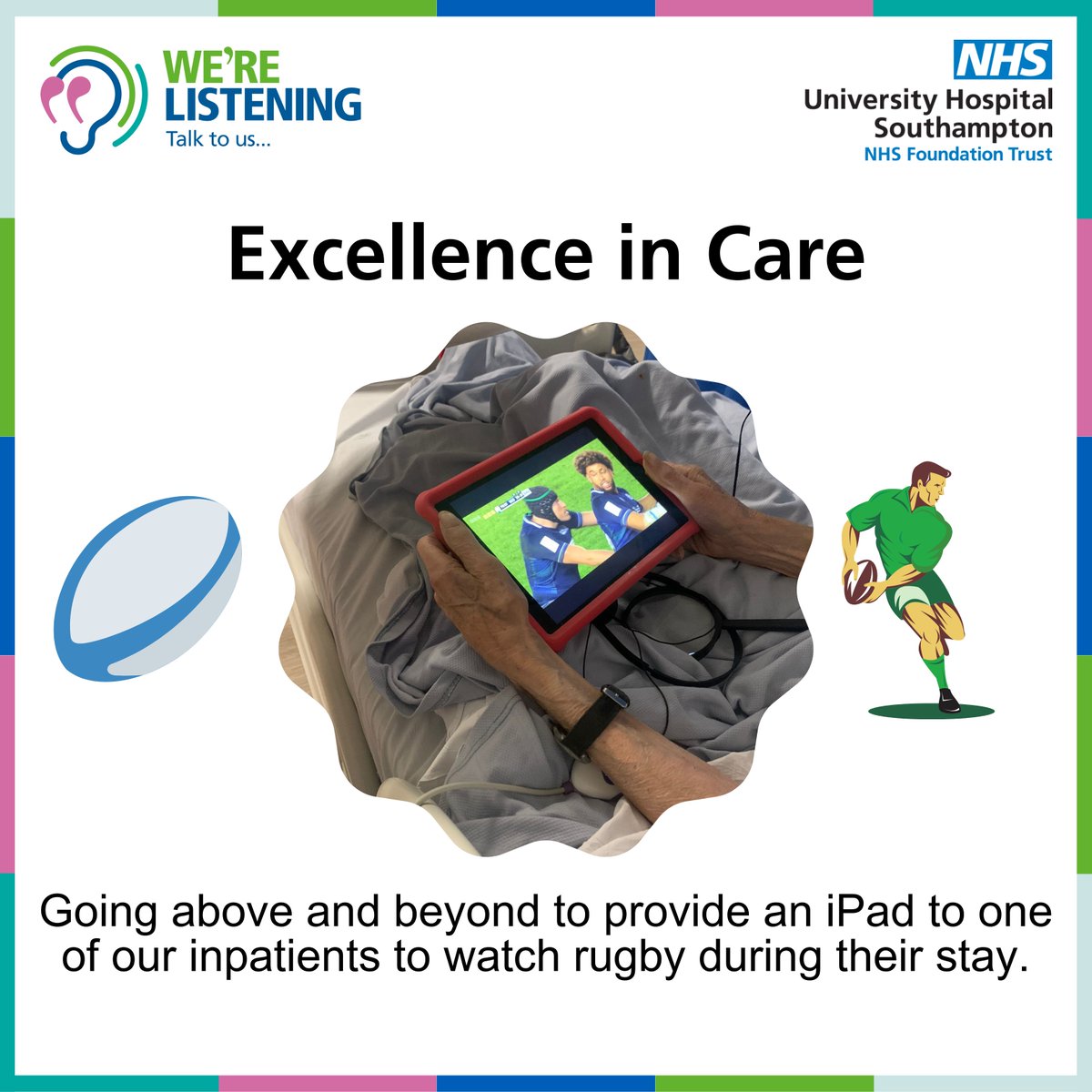 Experience of Care at UHSFT (@wecareuhsft) on Twitter photo Despite pressure on our services, <a href="/UHSFT/">University Hospital Southampton 💙</a> staff continue to go above and beyond.
Last weekend, a Urology Registrar on F5 sourced and setup an iPad for a patient to watch the Six Nations rugby
Unfortunately, they couldn't do much about the final score...
<a href="/edchedgy/">Edmund Chedgy</a> #PatientsFirst Despite pressure on our services, <a href="/UHSFT/">University Hospital Southampton 💙</a> staff continue to go above and beyond.
Last weekend, a Urology Registrar on F5 sourced and setup an iPad for a patient to watch the Six Nations rugby
Unfortunately, they couldn't do much about the final score...
<a href="/edchedgy/">Edmund Chedgy</a> #PatientsFirst
