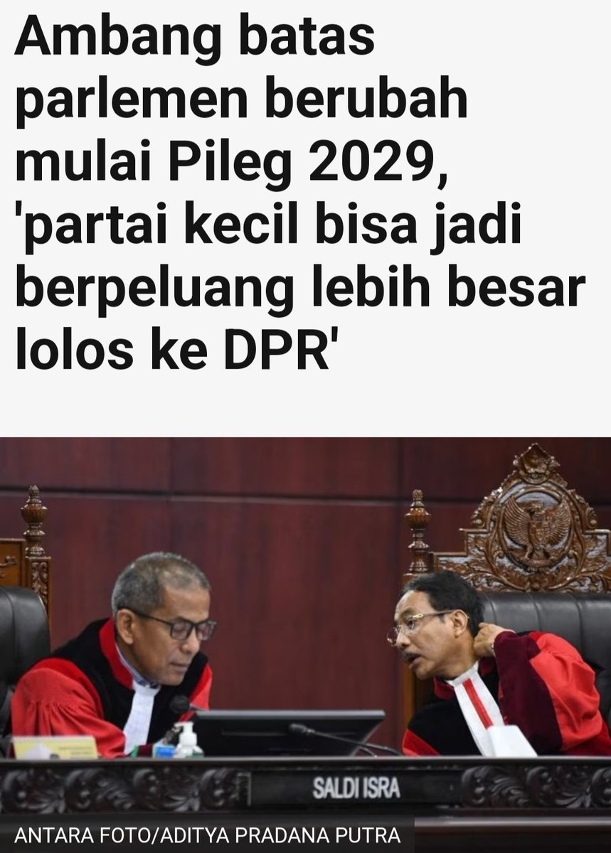 MK memutuskan, 2029 nanti Parliamentary Threshold minimal 4 persen tak lagi berlaku. Keren. Ini akan memperluas peluang caleg2 idealis dari partai kecil masuk DPR!