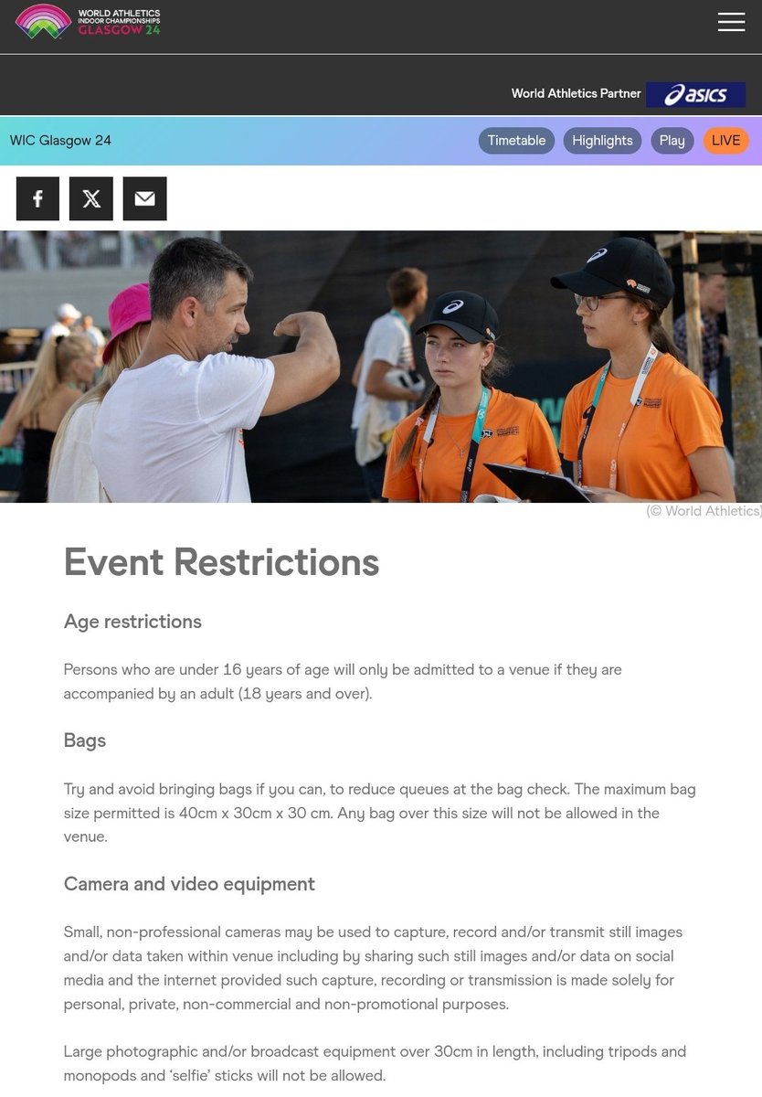 Hello @wicglasgow24 . I am at the Emirates Arena and now told that my camera is not allowed to enter. While the rules on the ticket and on the @WorldAthletics website cleary say I am allowed. Security refused my entrance... Is the Arena overrulling @sebcoe ?