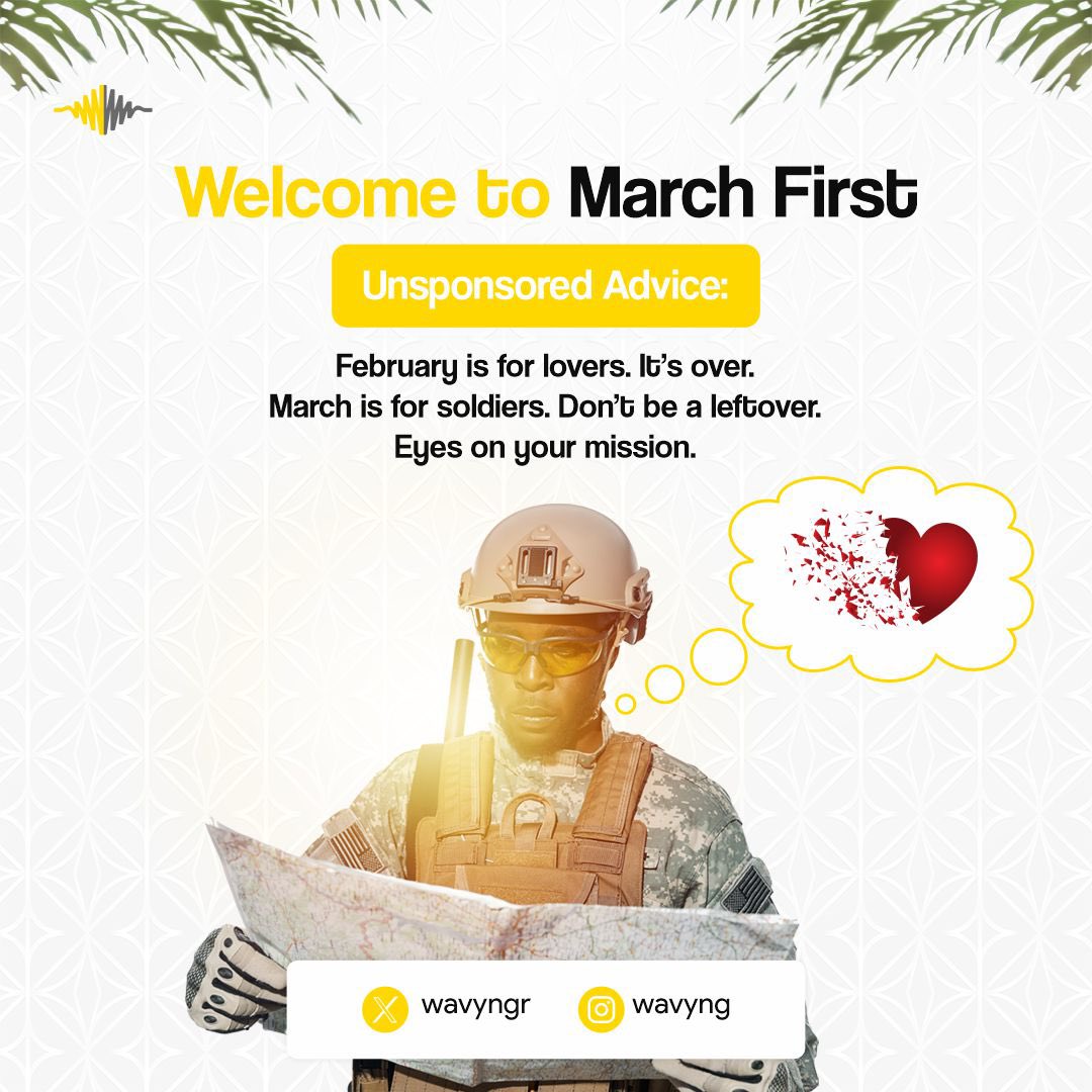wavyvrse's tweet photo. Welcome to March, first. Love is sweet but when money enters love is sweeter. So, hit the ground running.

The Q1 2024 is getting over with, it's time to be more than focused on those goals and raising your standards.
#Wavyng #happynewmonth #WeAreStorytellers https://t.co/Jpw2WmoMgZ