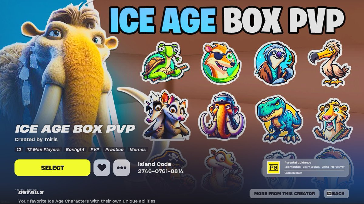 Ice Age Box PVP 🦣 
👉2746-0761-8814   
🦸‍♂️12 Unique powers 
🦥12 Of your favorite Ice Age Characters 
 2,800 Vbucks Giveaway 
 SHOW PROOF OF FAVOURITING AND LIKING