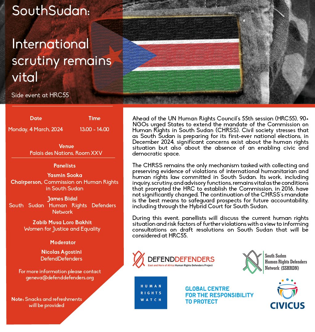 🚨 In Geneva for the 55th session of the UN Human Rights Council (#HRC55)? 🇺🇳

Join us for this side event on #SouthSudan 🇸🇸. With <a href="/UNCHRSS/">UN Commission on Human Rights in South Sudan</a>'s Chair Yasmin Sooka &amp; South Sudanese #HRDs, we'll discuss the situation in the country and expectations of the <a href="/UN_HRC/">UN Human Rights Council</a>. 

📅 Monday 4 March