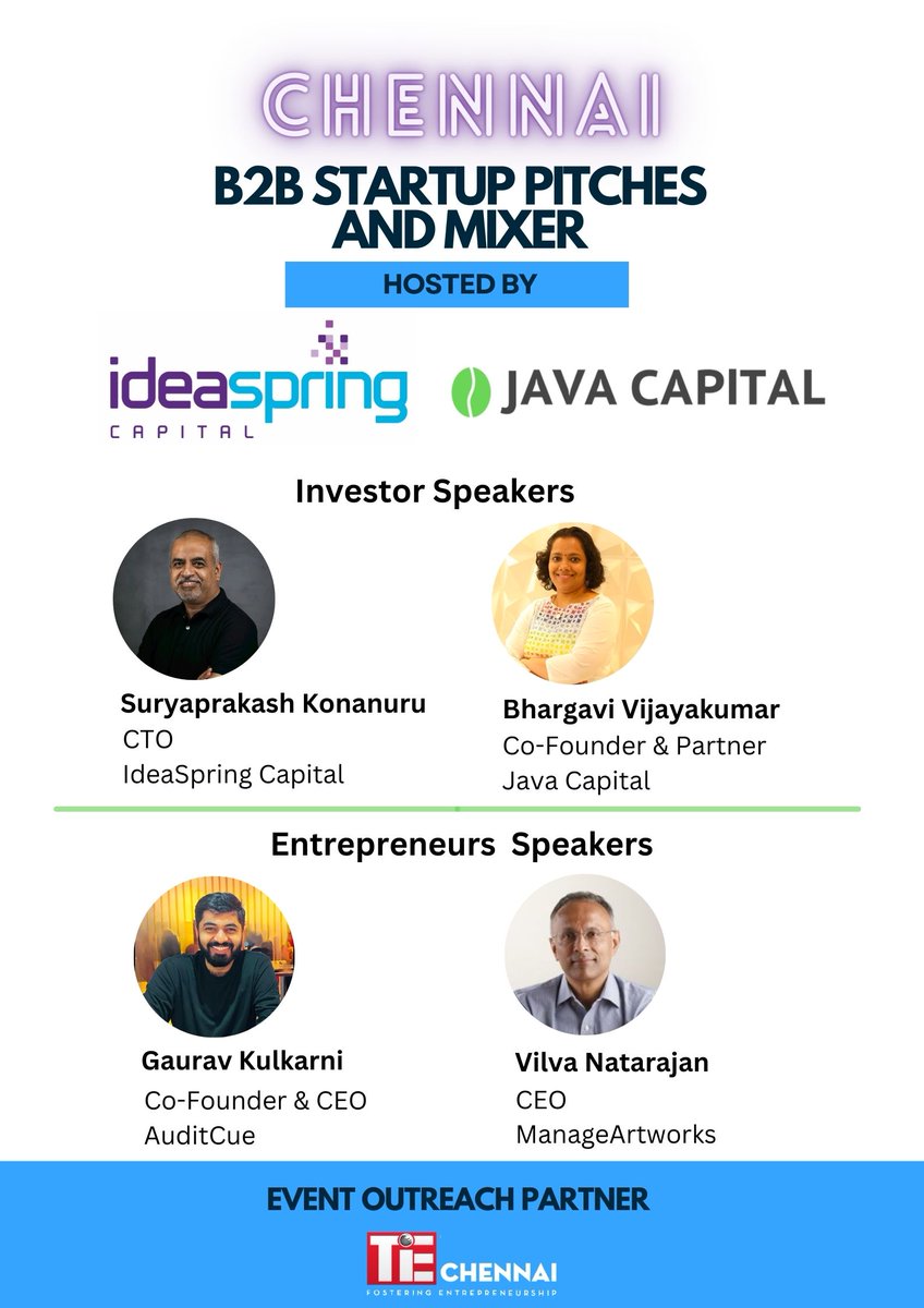 Join us on the "Chennai B2B Startup Pitches and Mixer" hosted by <a href="/JavaCapital/">JavaCapital</a> and <a href="/IdeaspringCap/">Ideaspring Capital</a>, in collaboration with <a href="/TiEChennai/">TiE Chennai</a> 

Register here for the mixer : 
lu.ma/c3kse8vz?utm_s…

<a href="/vinod_shankar/">Vinod_Java</a> <a href="/Reach_Bhargavi/">Bhargavi Vijayakumar</a> <a href="/Tweet_KP/">P. Karteek</a> <a href="/Anirudh__J/">Anirudh Jayagopal</a> <a href="/manojaee/">Manoj</a>

<a href="/naganandd/">Naganand Doraswamy</a> <a href="/suleshk952/">Sulesh Kumar</a>