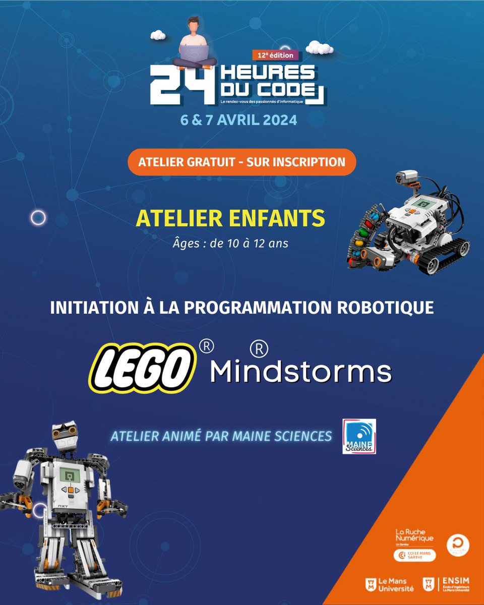 RucheNumerique's tweet image. Inscrivez vos enfants👪 à des ateliers d&apos;initiation à la #programmation #robotique avec les Lego Wedo et Lego Mindstorms avec #MaineSciences 💻

RDV le 6/04 à la @cci72 
👉infos &amp;amp; inscriptions :
Lego WeDo ➜ cutt.ly/swMflzEM
Mindstorms ➜ cutt.ly/vwMfxptA
#lemans