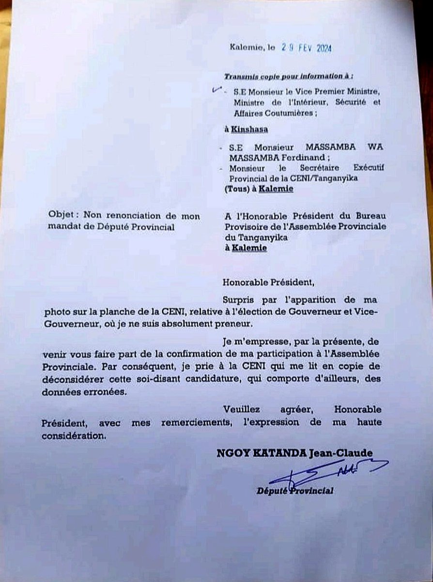 abelamundala's tweet image. #Tanganyika🔥: Mr #Massamba Candidat Gouve #Afdc_a de @PLukwebo a déposé le dossier à la #Ceni sans avoir l'avis de l'hon. #JC_Katanda présenté comme candidat Vice Gouve dans le ticket.
ce dernier l'a dénoncé dans une lettre qui circule !
Les députés provinciaux sont scandalisés.