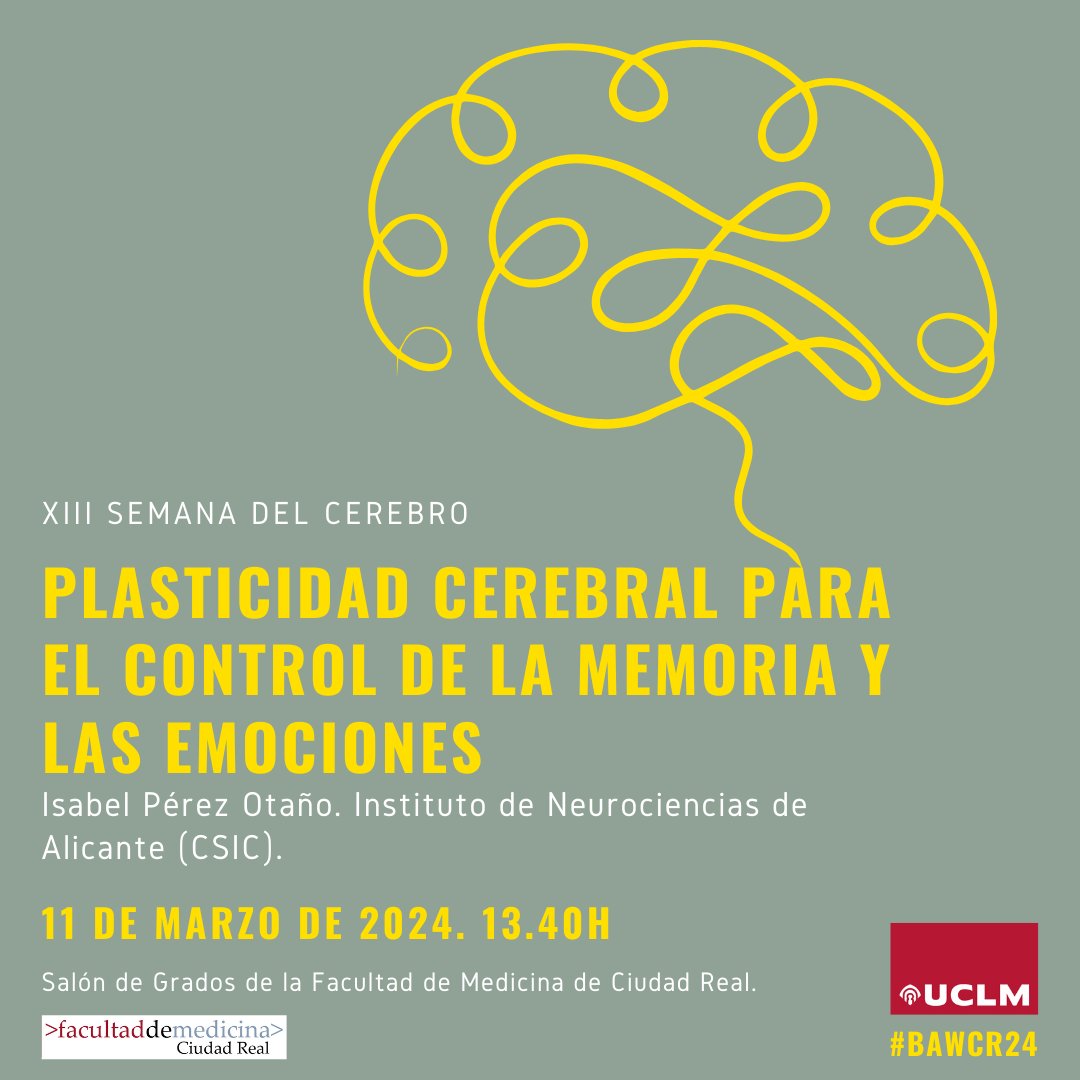 BAW Ciudad Real (@bawcr) on Twitter photo El lunes 11 contaremos con Isabel Pérez Otaño <a href="/IPO_lab/">Perez-Otaño lab</a> <a href="/NeuroAlc/">Instituto de Neurociencias UMH-CSIC</a> con su ponencia inaugural titulada "Plasticidad cerebral para el control de la memoria y las emociones", tras la inauguración oficial <a href="/uclm_es/">Universidad de Castilla-La Mancha</a> También desvelaremos los ganadores del concurso de dibujo <a href="/AnatHomicSol/">AnatHomic Solutions</a> El lunes 11 contaremos con Isabel Pérez Otaño <a href="/IPO_lab/">Perez-Otaño lab</a> <a href="/NeuroAlc/">Instituto de Neurociencias UMH-CSIC</a> con su ponencia inaugural titulada "Plasticidad cerebral para el control de la memoria y las emociones", tras la inauguración oficial <a href="/uclm_es/">Universidad de Castilla-La Mancha</a> También desvelaremos los ganadores del concurso de dibujo <a href="/AnatHomicSol/">AnatHomic Solutions</a>