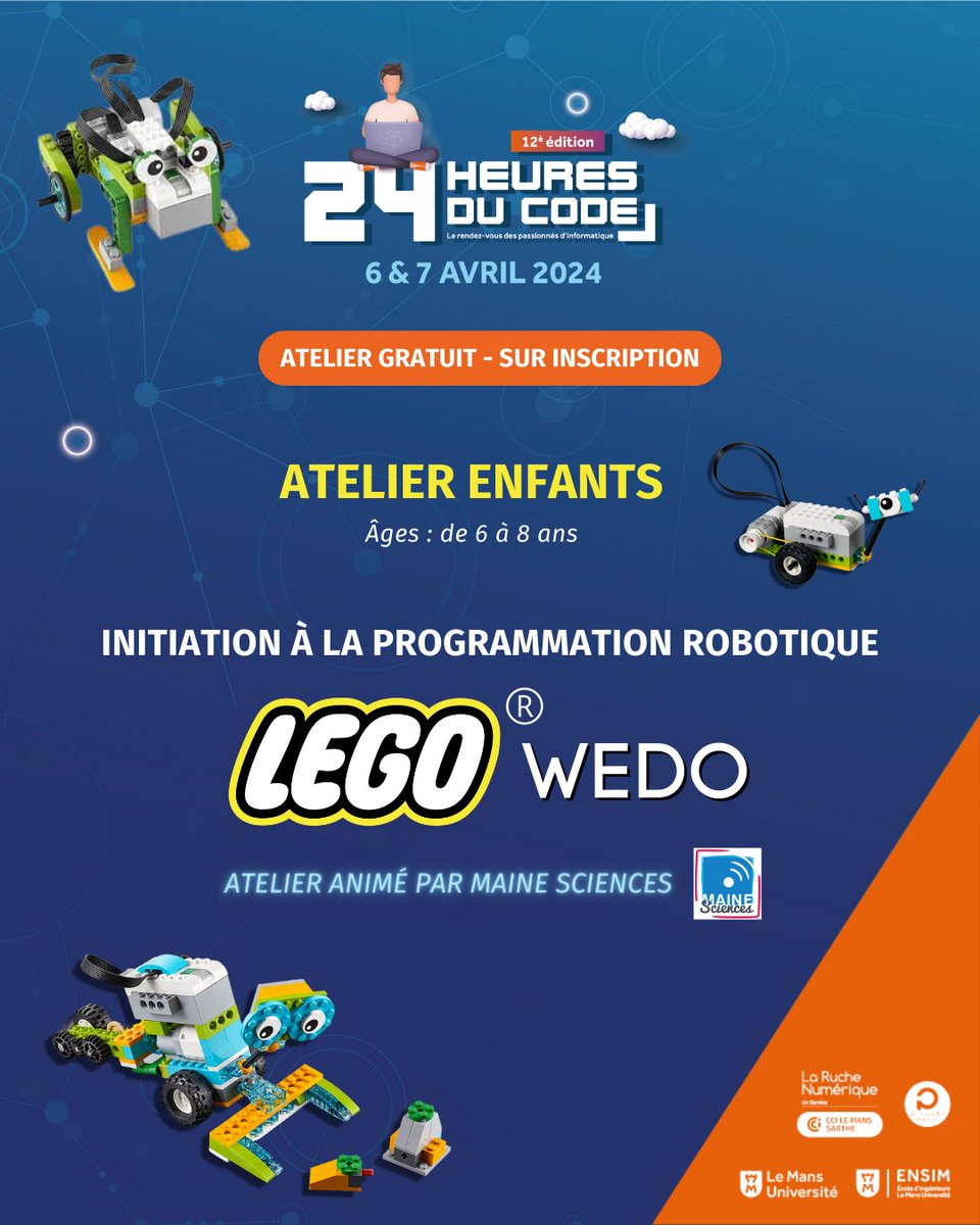 RucheNumerique's tweet image. Inscrivez vos enfants👪 à des ateliers d&apos;initiation à la #programmation #robotique avec les Lego Wedo et Lego Mindstorms avec #MaineSciences 💻

RDV le 6/04 à la @cci72 
👉infos &amp;amp; inscriptions :
Lego WeDo ➜ cutt.ly/swMflzEM
Mindstorms ➜ cutt.ly/vwMfxptA
#lemans