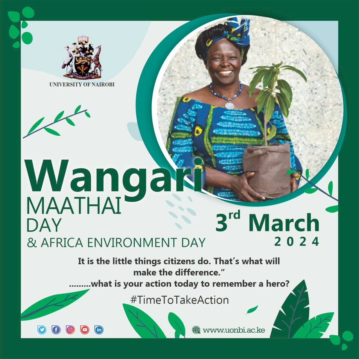 As we commemorate  #WangariMaathaiDay on 3rd March let's remember her words: 'The generation that destroys the #environment  is not the generation that pays the price. That is the problem.' Let's be the generation that makes a difference.   #WeAreUoN #Timetotakeaction

@uonbi