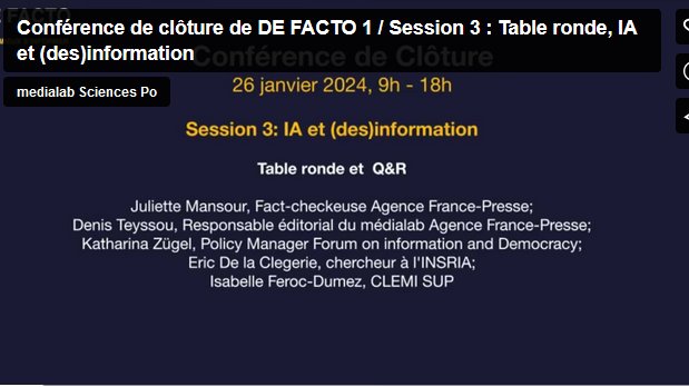 #IntelligenceArtificielle #désinformation  | La table ronde <a href="/DEFACTO_UE/">DE FACTO</a> sur les enjeux de l'#IA (20/02/2024) est en ligne

"#IA et (des)information ▶️ defacto-observatoire.fr/Comprendre/Con…