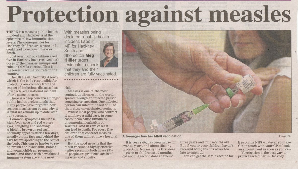 Hackney South MP @Meg_HillierMP urges residents to check they and their children are fully vaccinated against #Measles : 'The MMR vaccine is highly effective - it is very safe and been in use for 60 years, offers lifetime protection and it's free. Contact your GP' @hackneycouncil