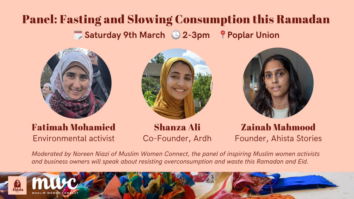 Alongside speaking on the panel (my first in person not as a moderator!) with Fatimah Mohamied and Shanza Ali of Ardh, we’ll be hosting a clothes swap at the event as a radical act of resistance against fashion consumerism and waste♻️ 

Tickets £3-£8: bit.ly/3SxeyHA