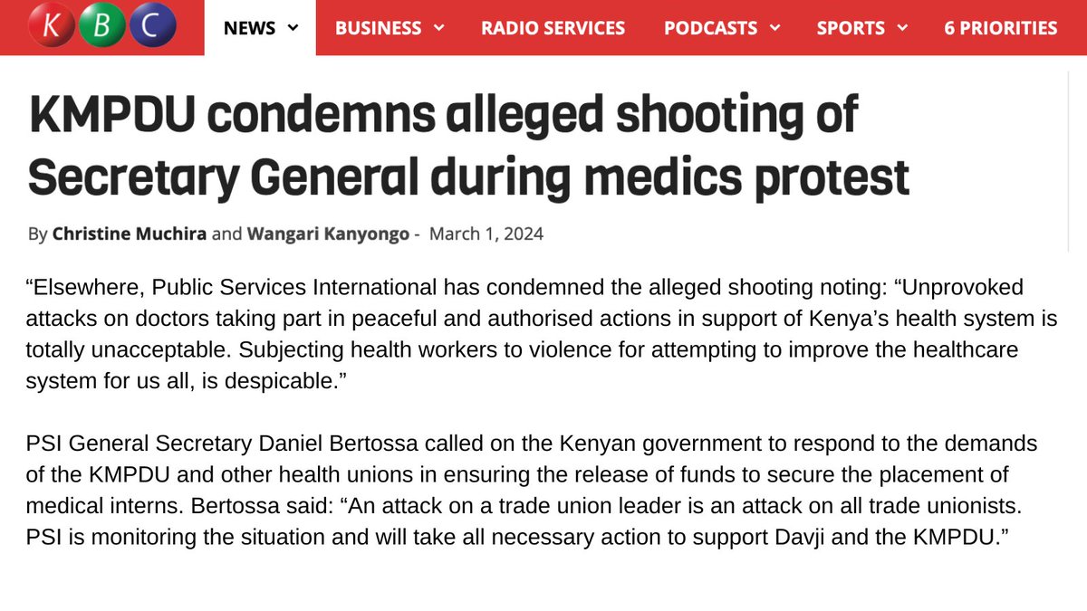 PSI in the news:  calling on the Kenyan government to end the violence against <a href="/kmpdu/">KMPDU</a>, health workers and union leaders and respect their demands!

publicservices.international/resources/news…