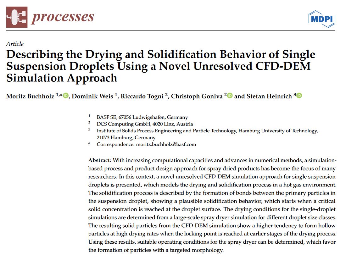 dcs_computing's tweet image. 💡 We proudly collaborated on this study with BASF SE and TU Hamburg on ‘’Describing the Drying and Solidification Behavior of Single Suspension Droplets Using a Novel Unresolved CFD-DEM Simulation Approach’’ which features our #DEM #CFD #software: buff.ly/430vNpJ
