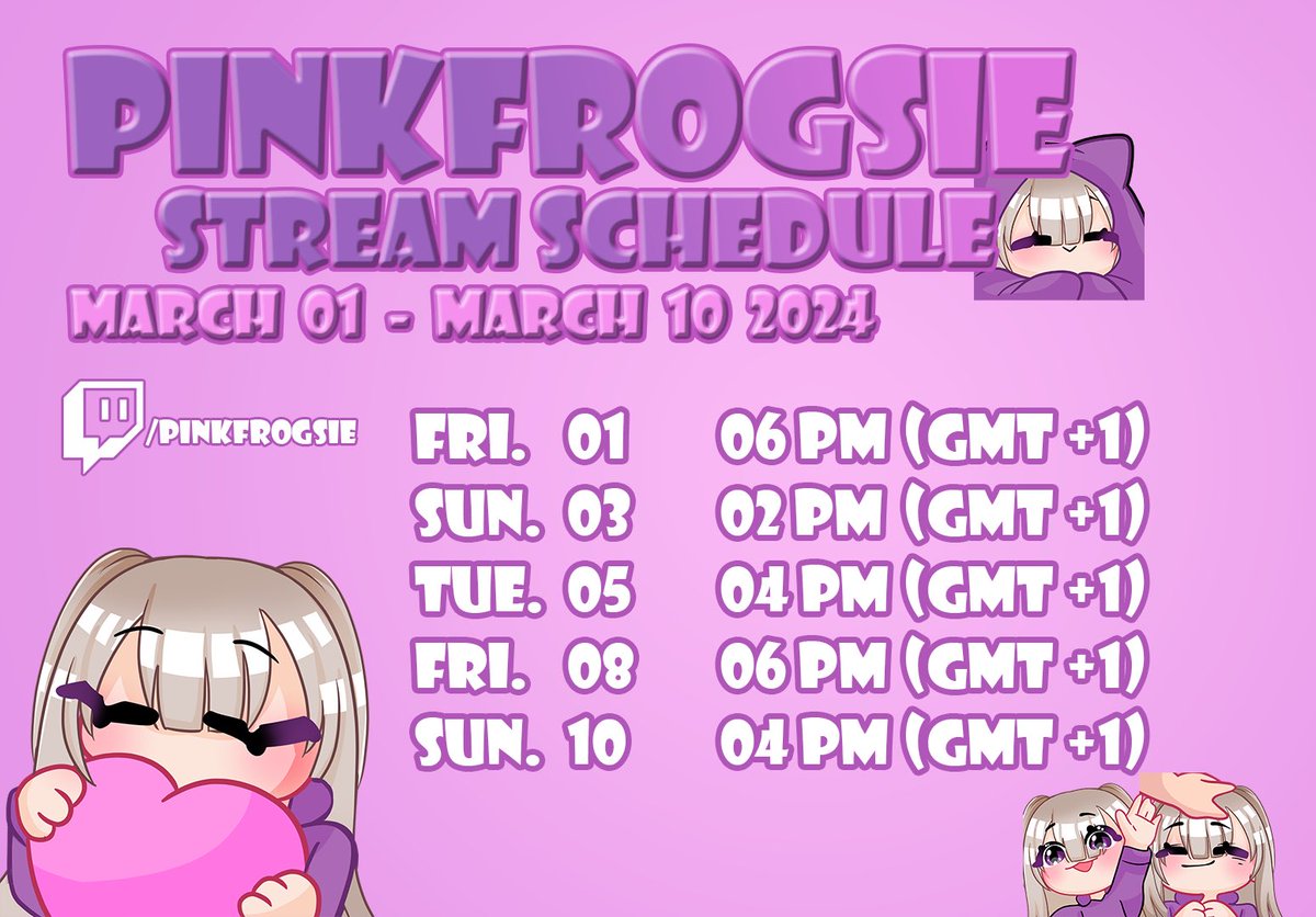 frogsiee's tweet image. i will be following this stream schedule from now on! during this time i’ll see if this schedule works for me, and it it does, i will continue to use those days as my main streaming days! 

my first scheduled stream will be today at 6 pm (germany time). hope to see you there! 💕