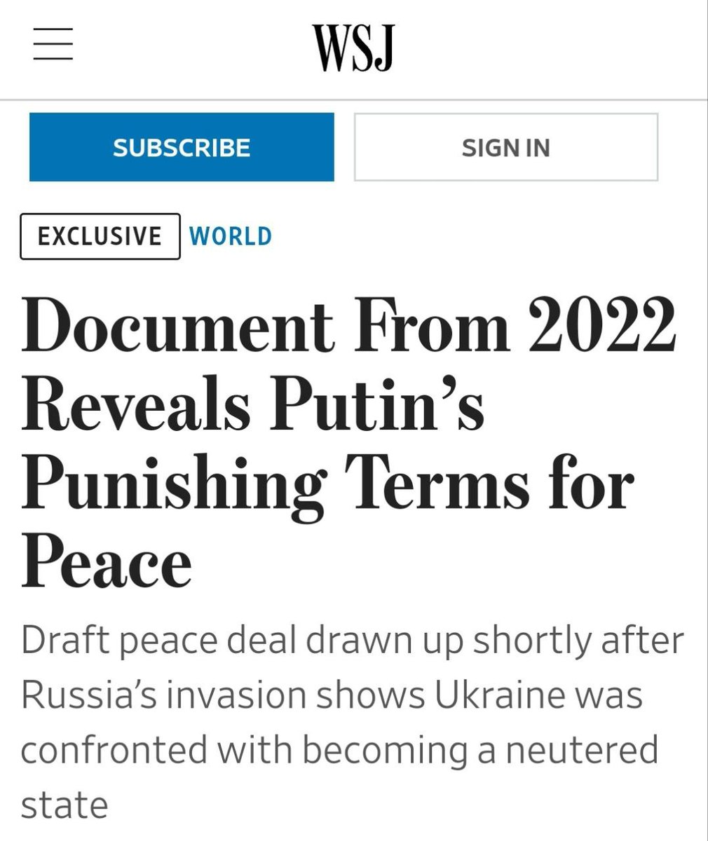The Wall Street Journal publishes the 'punishing peace terms' of Russia for Ukraine at the draft peace negotiations in 2022. Key points of the deal include: ◾ Ukraine potentially joining the EU but not military alliances like NATO ◾Crimea remaining under unconditional